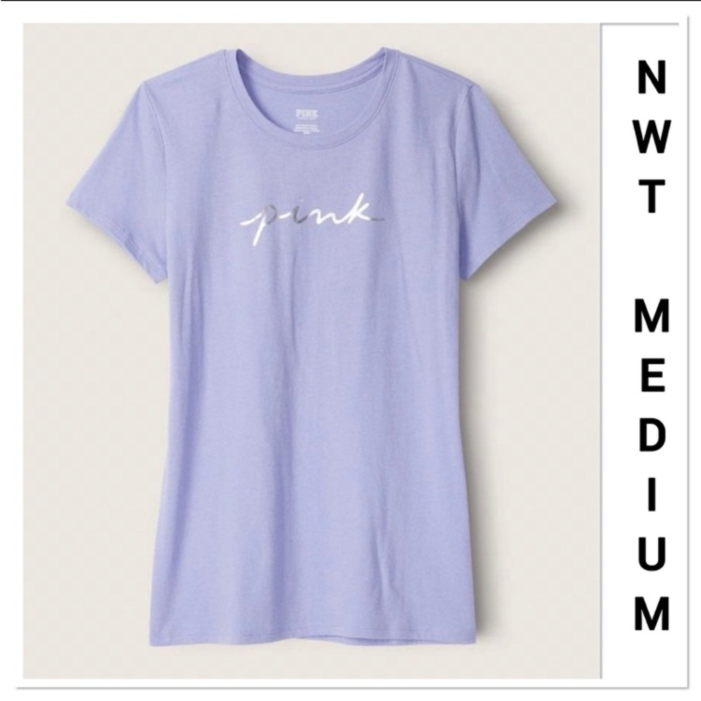PINK Victoria's Secret Dusty Periwinkle Tee with Silver Script